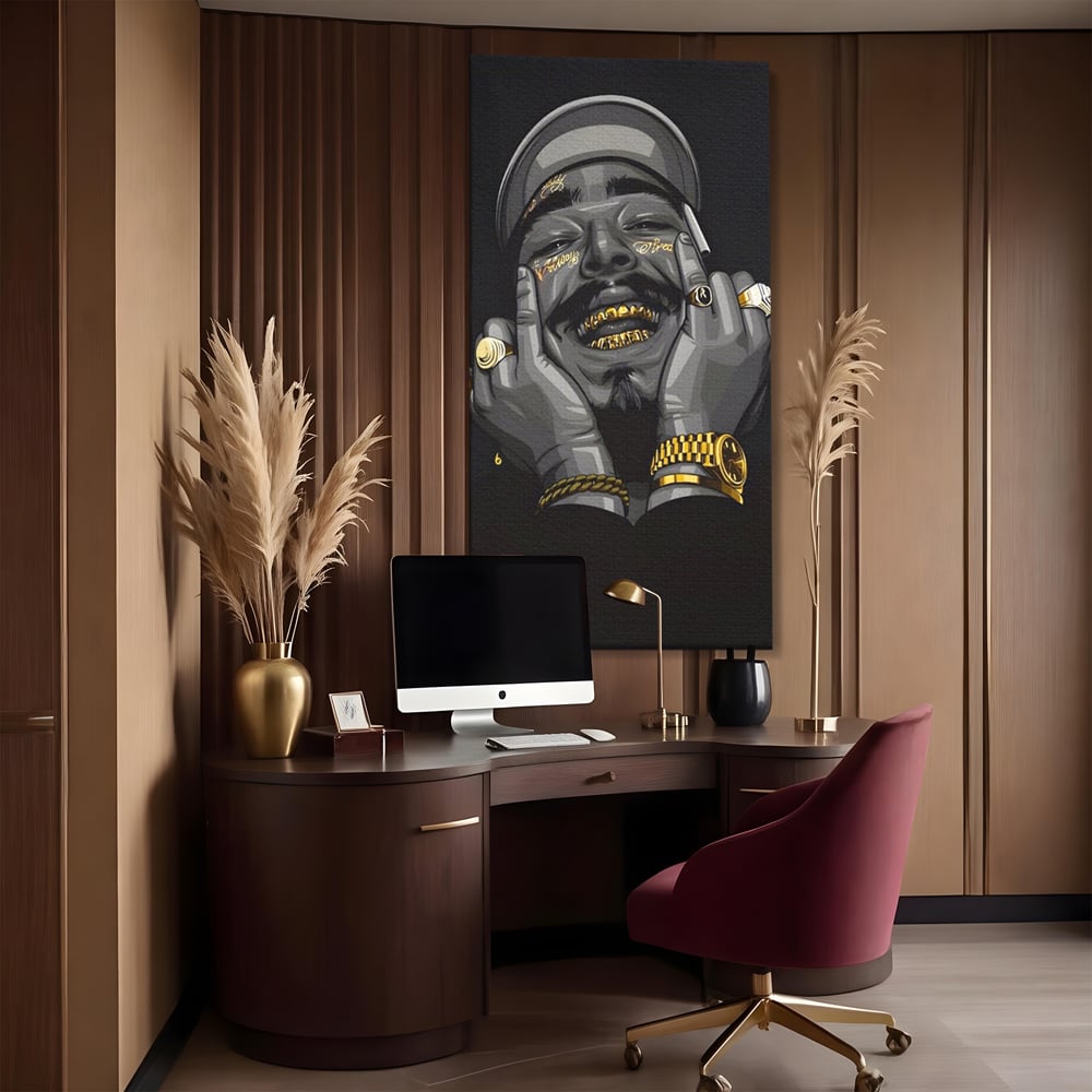 Tablou canvas cu tablou canvas cu portret post malone, fara rama, pe sasiu de lemn, pe perete intr-un birou